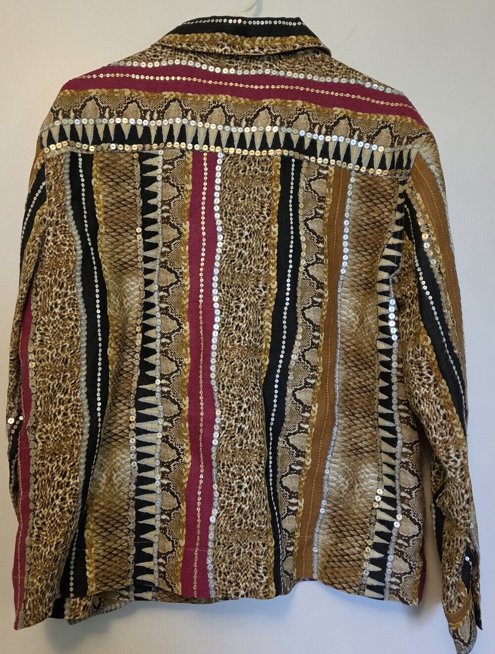 100% Linen Jungle Print Blazer L Safari Animal Sequin Boho Statement Jacket - Picture 6 of 6